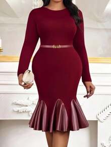 SHEIN Lady 大码优雅拼布美人鱼连衣裙 - 紅色 - 查看 1