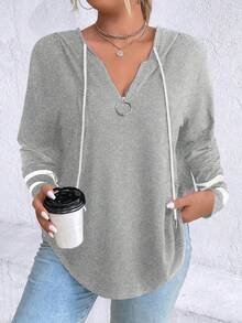 SHEIN LUNE Plus Size Spring Autumn Casual Color Block Striped Drawstring Hooded T-Shirt Fall Cloth For Women - Grey - View 1
