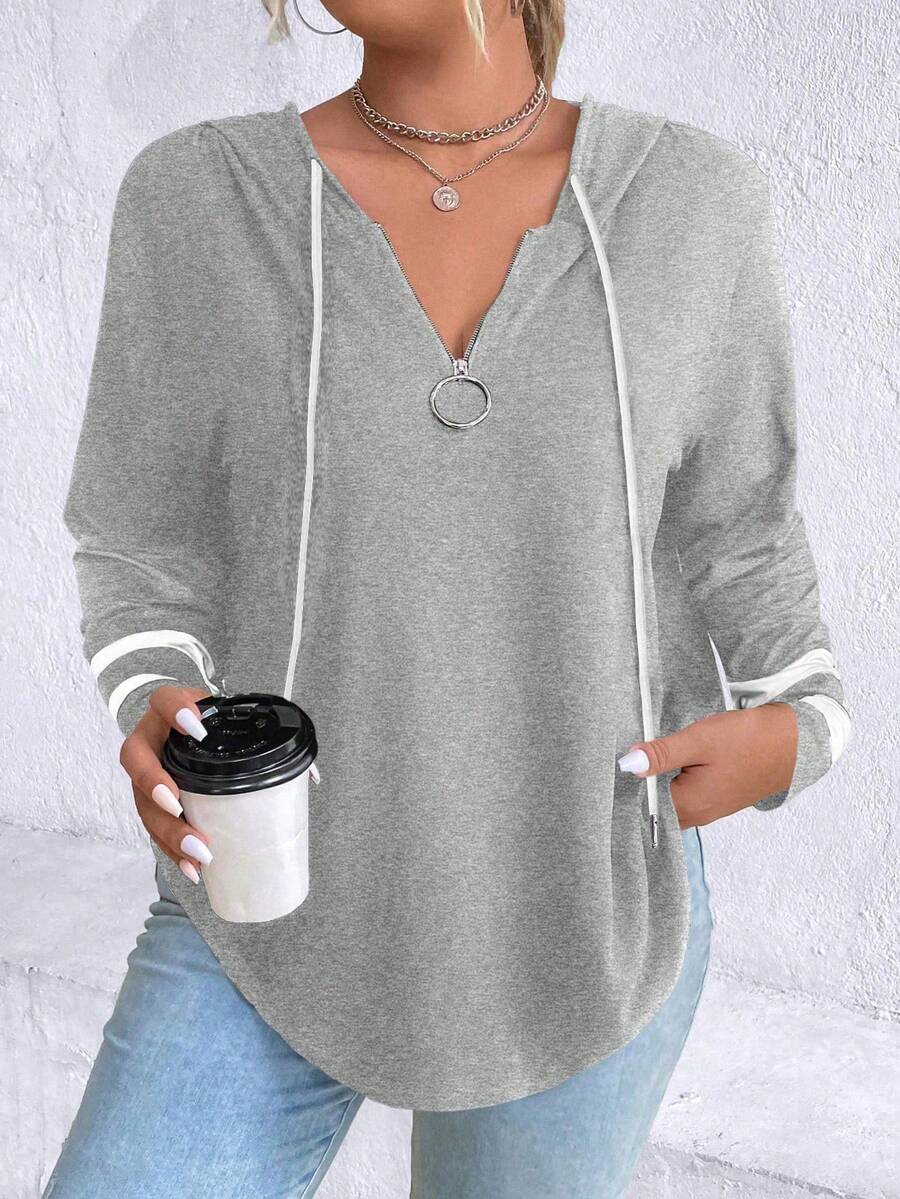 SHEIN LUNE Plus Size Spring Autumn Casual Color Block Striped Drawstring Hooded T-Shirt Fall Cloth For Women - Grey - View 1