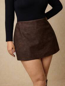 Elaquor Plus Size Women High Waist Fashionable Versatile Skort Brown Spring - Brown - View 6