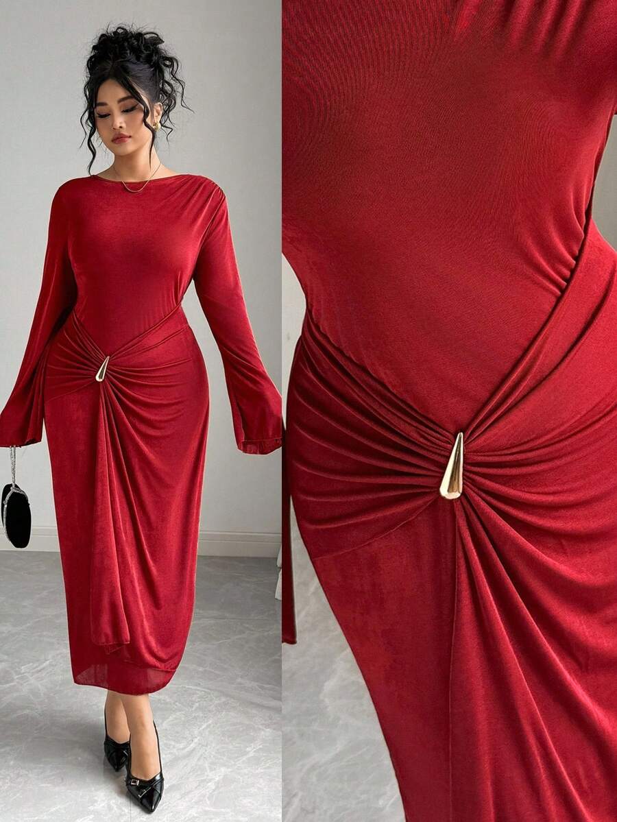 Elenzga Christmas Plus Size Autumn/Winter Knit Round Neck Cinched Waist Ruched Long Sleeve Mermaid Maxi Dress Burgundy Dress Red Long Sleeve Dress Red Curve Dress Ruched Dress Twist Front Dress Red Midi Dress Long Sleeve Elegant Dress Curve Elegant Dress Ruched Midi Dress Red Elegant Dress For Women Chinese New Year New Year Valentine's Day Christmas - Burgundy - View 1