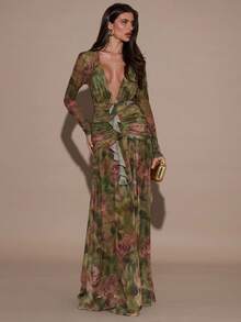 SHEIN BAE Váy cổ chữ V sâu in hoa gợi cảm thời trang dành cho nữ - màu xanh lá - Xem 4