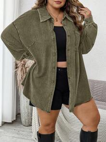 SHEIN CURVE+ 大码女式落肩长袖牛仔印花单排扣休闲口袋夹克 - 軍綠色 - 查看 4