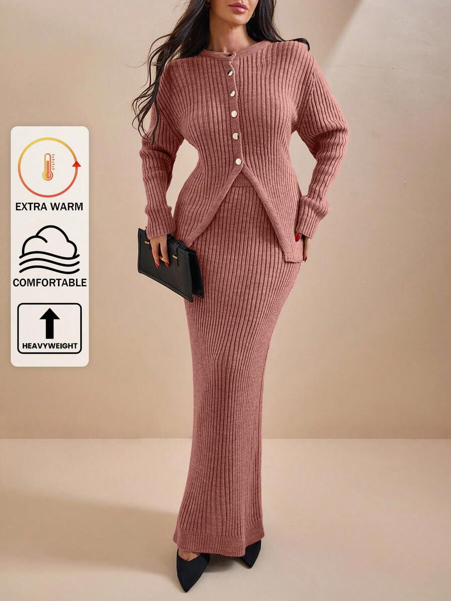 EURMUSE Women Solid Color Front Button Rib Knit Cardigan & Sweater Skirt Set - Dusty Pink - View 1