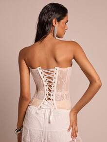 SHEIN PETITE 女士纯色蕾丝拼接鱼骨紧身抹胸上衣