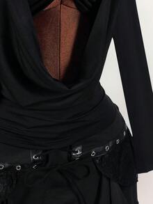 Amplova 大码女式性感暗黑朋克风纯色不对称下摆修身衬衫 - 黑色 - 查看 9