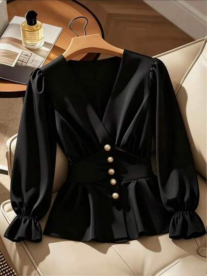 Franclia Women's Elegant V-Neck Buttoned Waist Woven Black Solid Blouse, Autumn/Winter