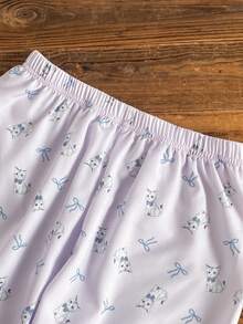 SHEIN 3件套女童柔软顺滑睡衣套装，时尚可爱猫咪蝴蝶结印花袖口、下摆、领口撞色荷叶边长袖开衫和长裤，含眼罩，睡衣 - 紫色 - 查看 7