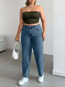 EURMUSE Quần jean ống rộng cạp cao đơn giản màu trơn dành cho nữ, mặc thường ngày - Rửa nhẹ - Xem 3