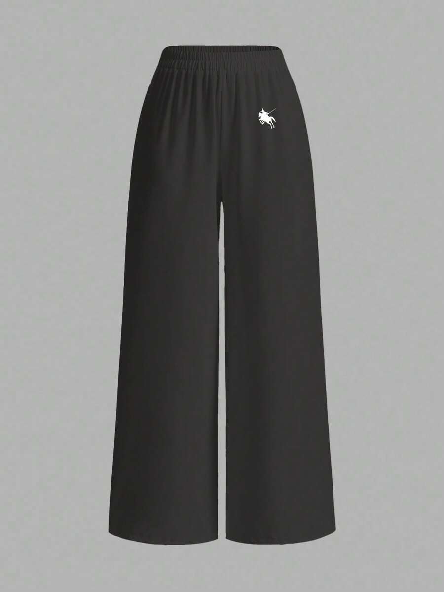 SHEIN EZwear 女士休闲宽松阔腿裤,饰有小马图案,适合夏季和度假穿着 - 深灰色 - 查看 1