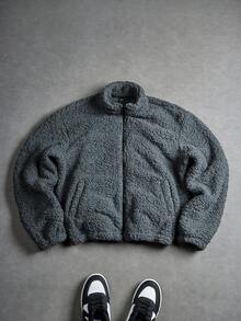 PAVTROS Áo khoác nỉ dài tay có khóa kéo màu trơn dành cho nam, mùa thu/đông - Màu xám đen - Xem 4