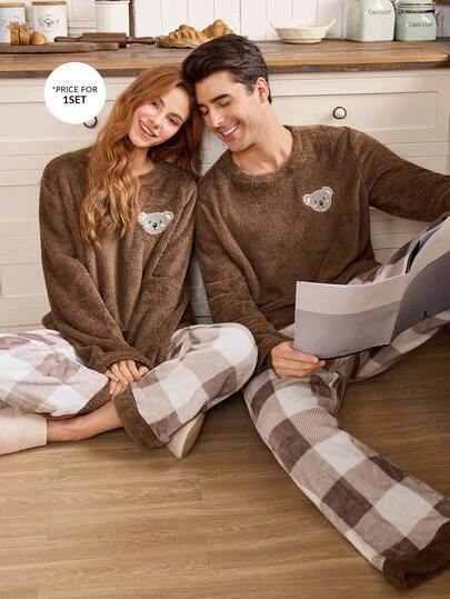 CoupledUp Men's Cute Koala Embroidery & Plaid Pattern Crew Neck Loose Fit Thick Cozy Couple Pajama Set Teddy Bear Pajama Set Brown Pj Set