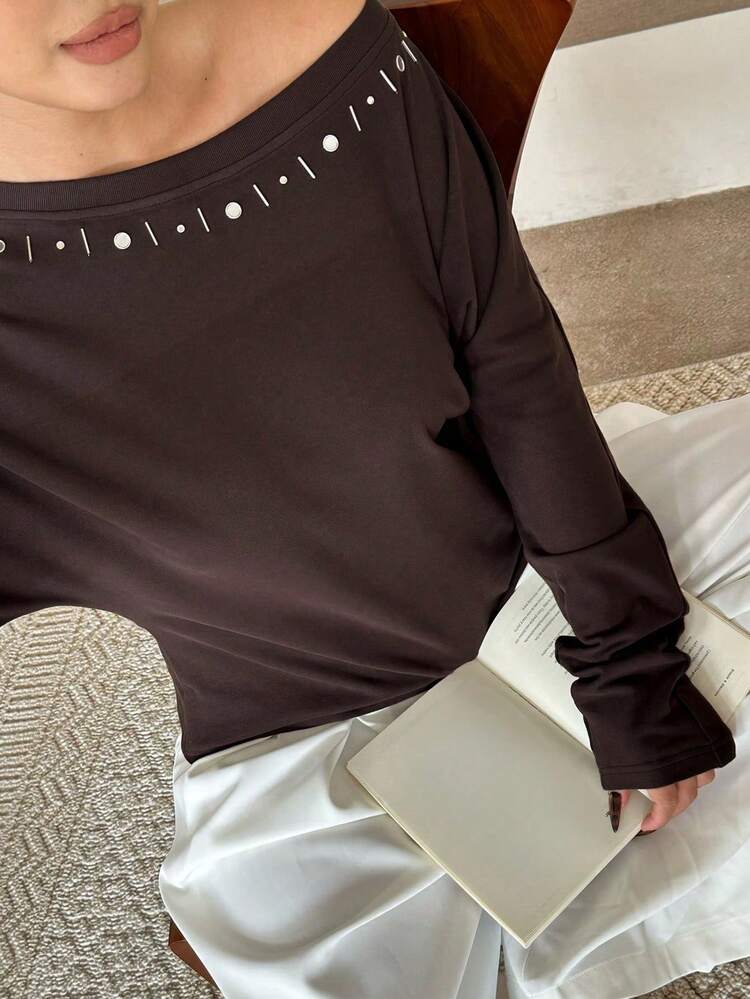 Dazy Plus Plus Size Casual Metal Decor Batwing Sleeve T-Shirt, Autumn Long Sleeve Women