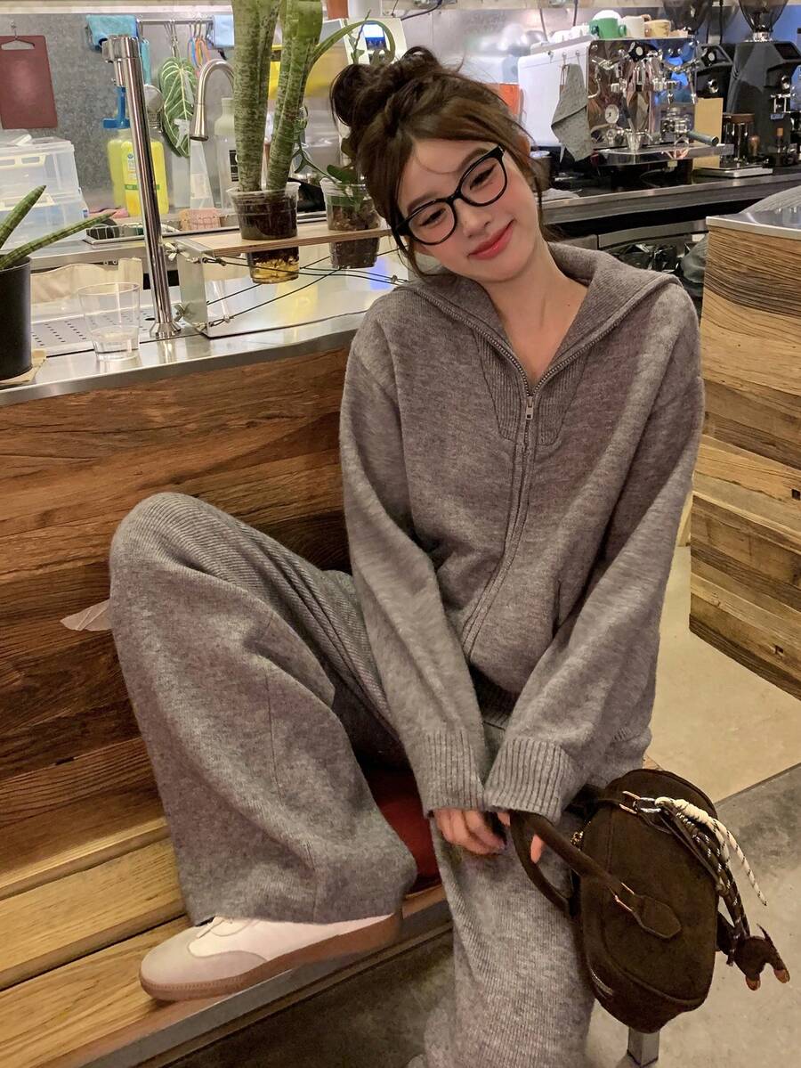 DAZY Bộ 2 món áo khoác cardigan trơn màu và quần len thường ngày cho nữ, Thu/Đông - Xám - Xem 1