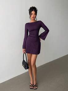 Aloruh 优雅蝴蝶结露背性感闪光面料修身迷你连衣裙 - 紫色 - 查看 5