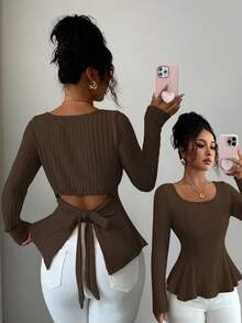 Selianne Casual Ribbed Crew Neck Long Sleeve Backless Bow Tie Blouse - Brown - View 1