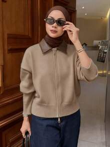 DAZY 女士休闲PU皮革拼接拉链开衫毛衣，秋季简约时尚 - 駝色 - 查看 4