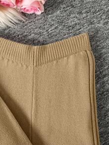 Sparklyn 1 pièce Ensemble pull pour filles, style casual minimaliste, couleur unie sans motif, épaule tressée, pull court à col roulé manches longues assorti à un pantalon large tricoté, épaisseur normale, texture lisse couleur unie, ensemble pull propre pour un port quotidien, printemps/automne/hiver - Kaki - Voir 6