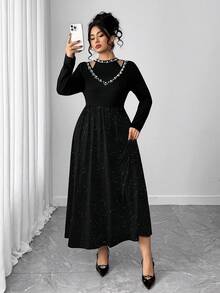Elenzga Maxikleid in Große Größen für Damen mit Doppelkragen-Design, Langarm, elegant, mit Perlen besetzt - Schwarz - Übersicht 6