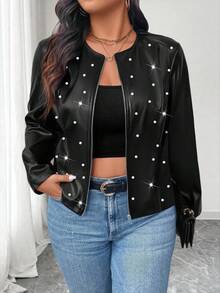 Elenzga Plus Size Women's PU Leather Jacket, Round Neck, Studded, Zipper Design, Minimalist & Fashionable - Black - View 7