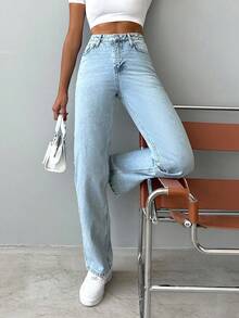 SHEIN Tall Quần jean ống đứng cạp cao, chất liệu 100% cotton, kiểu dáng thường ngày thập niên 90, màu xanh nhạt, cài cúc phía trước. - Rửa nhẹ - Xem 3