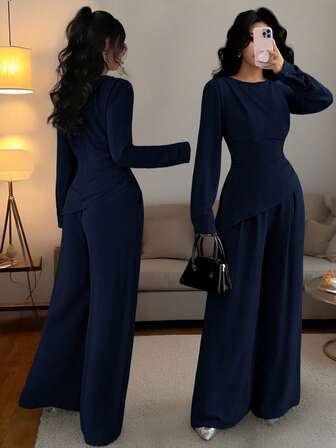 SHEIN Raffinéa 2 st kvinnor enfärgat veck- och asymmetriskt långärmat set