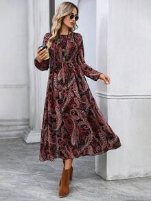 EMERY ROSE Đầm dài thắt eo họa tiết Paisley cổ điển dành cho nữ, cổ tròn, tay dài - Nhiều màu - Xem 1
