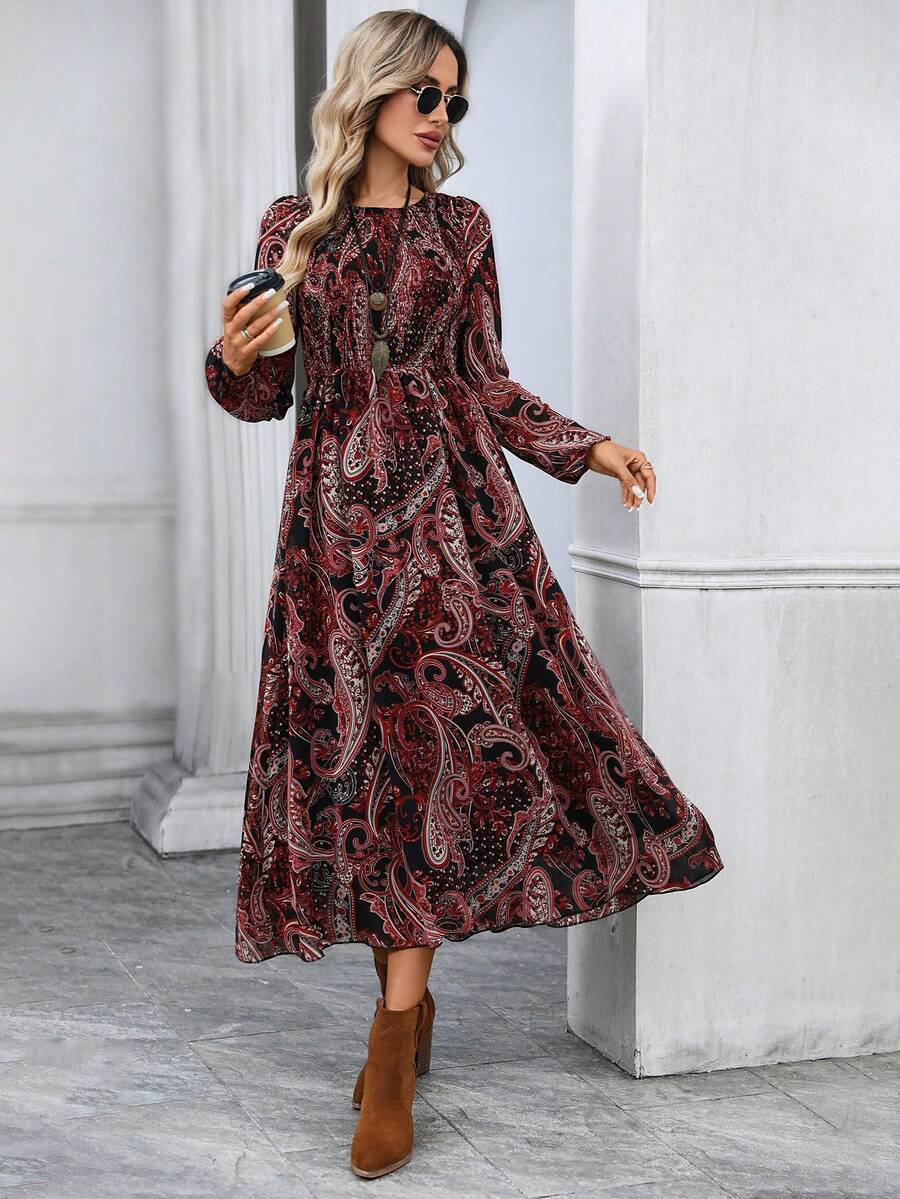 EMERY ROSE Đầm dài thắt eo họa tiết Paisley cổ điển dành cho nữ, cổ tròn, tay dài - Nhiều màu - Xem 1