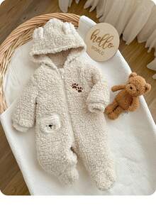 Newborn Baby Boy/Girl Cute Cartoon Pattern Hooded Jumpsuit, Autumn/Winter - Apricot - View 3