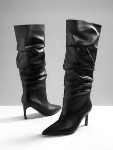 SHUZIA Women Minimalist Sexy Point Toe Kitten Heel Knee-High Slouchy Boots For Christmas - Black - View 3