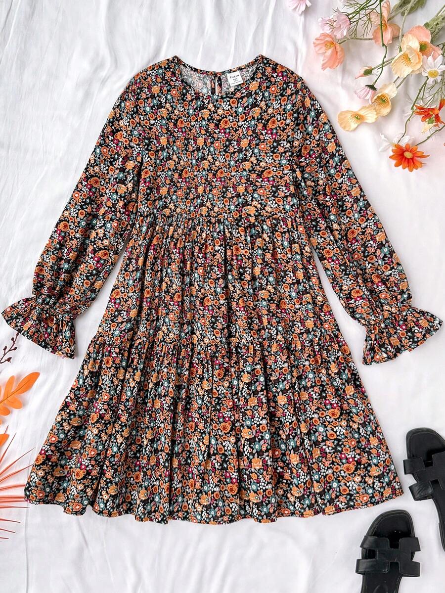 少女印花泡泡袖长袖荷叶边圆领连衣裙，适合秋冬季日常穿着，也可作为假日冬装，波西米亚风格 - 彩色 - 查看 1