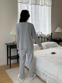 2 Stücke Bequemer Lässig Gerippter Flauschiger Kontrast Spitzenbesatz Langarm Top und Hose Pyjama Set für Teenager Mädchen - Hellgrau - Übersicht 2