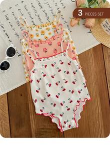 3件套新生女宝宝可爱碎花图案吊带连体衣，夏季印花