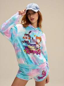 Nick 90s | SHEIN Bộ 2 áo hoodie và quần short họa tiết hoạt hình nhuộm loang thường ngày cho nữ, mùa thu - Màu xanh bạc hà - Xem 3