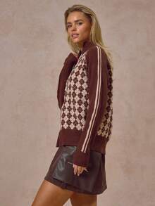 MUSERA Argyle Zip Through Funnel Neck Rib Knit Cardigan Autumn Winter Cool Streetwear Going Out Casual Everyday Knitwear - Multicolor - View 3