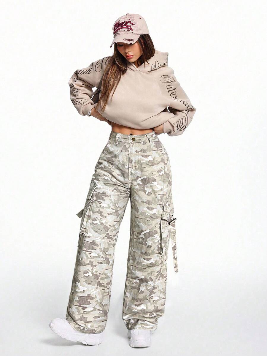 SHEIN ICON Pantalones de cargo de mezclilla con estampado de camuflaje para mujer - Multicolor - Ver 1