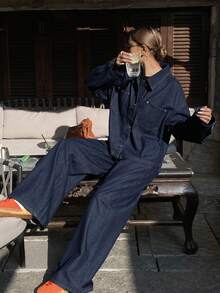 DAZY 女士休闲纽扣牛仔套装 - 藍色 - 查看 4