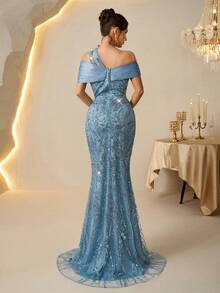 Coutiva Váy dạ hội dự tiệc dáng đuôi cá hở vai lệch vai, chất liệu satin chắp vá đính hạt sequin thời trang thu đông thanh lịch, thích hợp cho khách dự tiệc cưới, lễ tốt nghiệp, váy sinh nhật, lễ hội âm nhạc - Màu xanh lam - Xem 3
