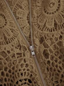 Franclia Women's Autumn Floral Lace Hollow Zipper Front Long Sleeve Blouse Women Shirt - Khaki - View 3