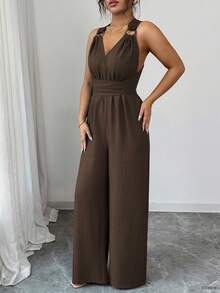 Selianne V领系带阔腿连体裤，蓝色，女士连身裤，休闲夏季装，女士度假装