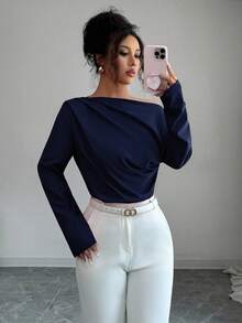 Elenzga Women's Autumn New Oblique Shoulder Ruffle Long Sleeve Blouse - Navy Blue - View 7
