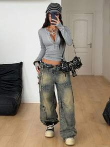 Coolane Women's Winter Streetwear Y2K Basic Daily Wear Casual Back To School Stretchy Rib Knit Button Down Long Sleeve T-Shirt - Grey - View 2