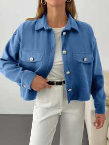 EURMUSE Solid Color, Gold Button Details, Coat - Blue - View 3