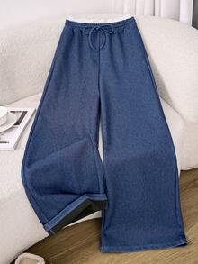 Comfortcana Quần jean ống đứng dáng rộng cạp chun co giãn màu trơn cho nữ - Rửa tối - Xem 7