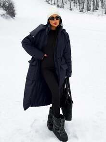 SHEIN Women's Puffer Hooded Versatile Padded Coat, Winter Women Clothes, Padded Coat Women, Casual Long Padded Coat - Navy Blue - View 4