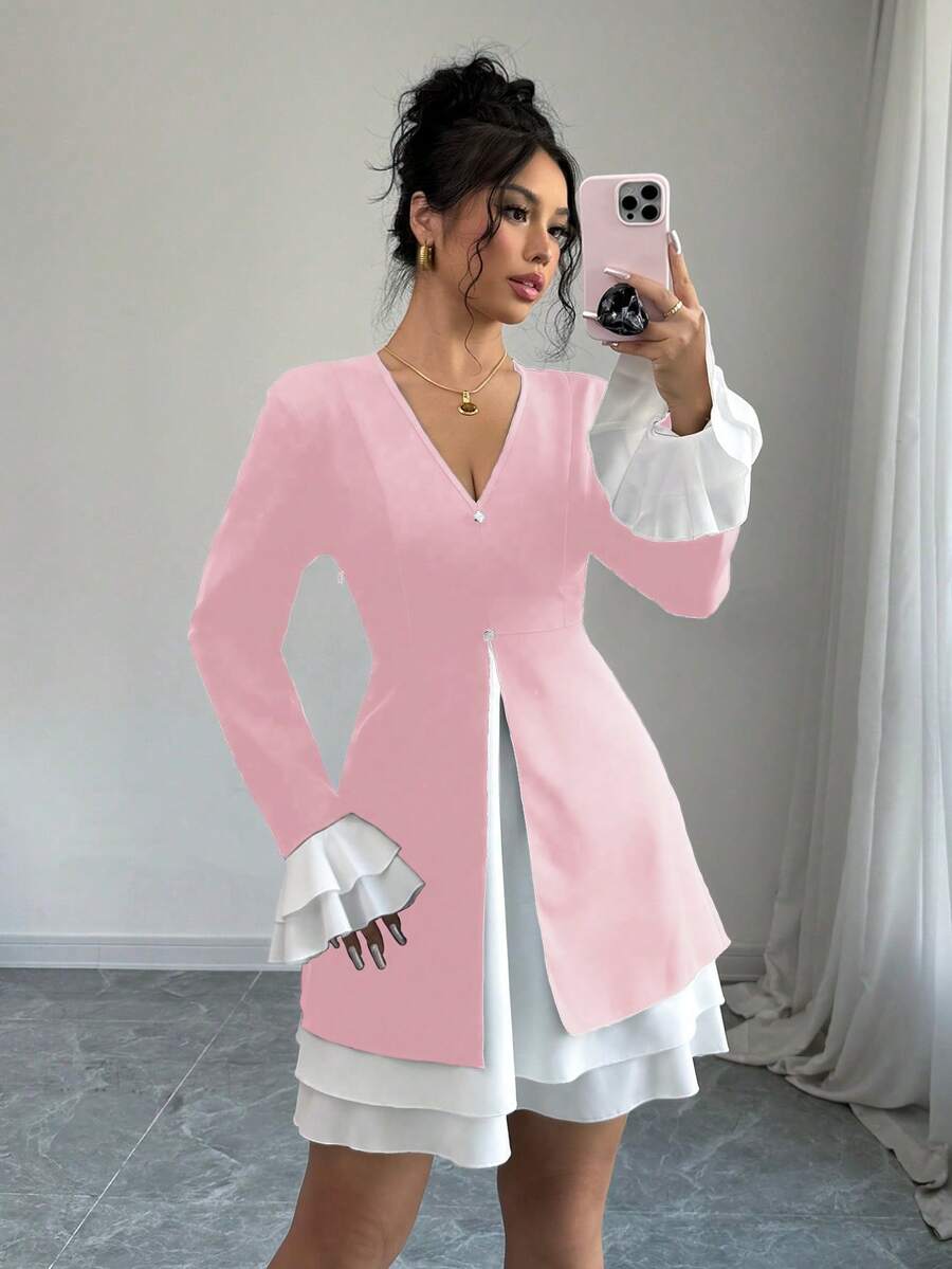 Elenzga Abito mini elegante e alla moda con scollo a V e maniche a campana a contrasto di colore per donna - Rosa - Visualizzare 1