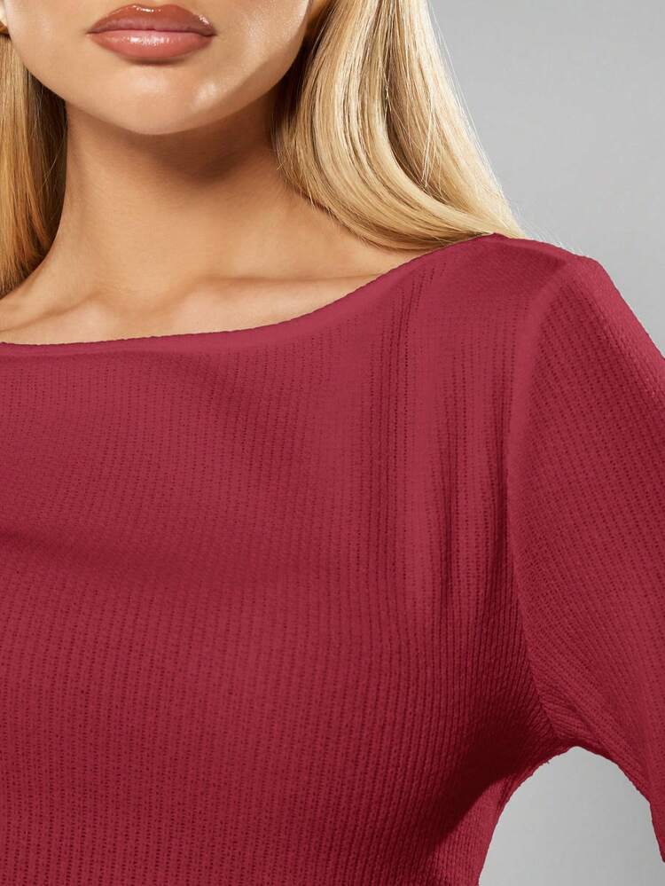 MISSGUIDED Ribbed Long Sleeve Boat Neck Cropped Pullover Sweater Fall Winter Casual Knit Christmas
