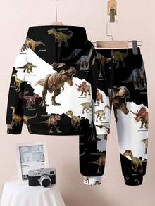 SHEIN 3D恐龙，侏罗纪，霸王龙，帅气，黑白，真实纹理，逼真恐龙！恐龙百科全书宽松休闲舒适长袖连帽卫衣两件套，适合小男孩