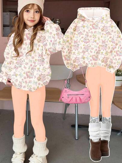 SHEIN Leap Crew 少女可爱乡村兔子与花卉印花、郁金香蝴蝶结印花、压花套装、波西米亚野花、植物套装、复古植物套装、粉彩花卉自然套装；少女休闲连帽衫和打底裤两件套，秋冬季舒适，街头复古风，轻松舒适，适合儿童秋季叠穿，时尚童装，休闲服饰，儿童图案服装，秋季舒适服装，户外野餐，郊游，街头风格，居家，波西米亚风