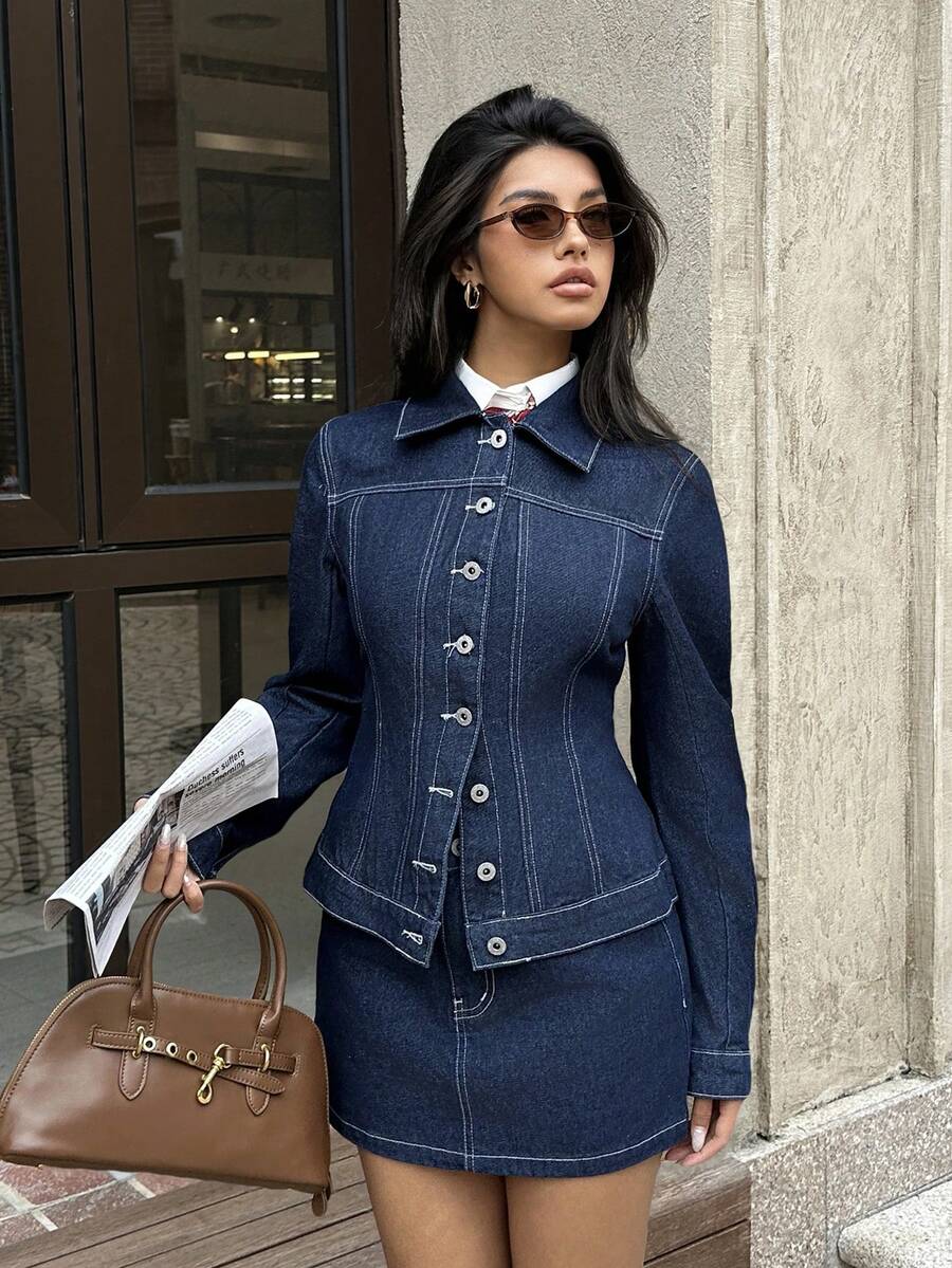 SHEIN EZwear 女士前开襟长袖纯色牛仔套装 - 藏蓝色 - 查看 1